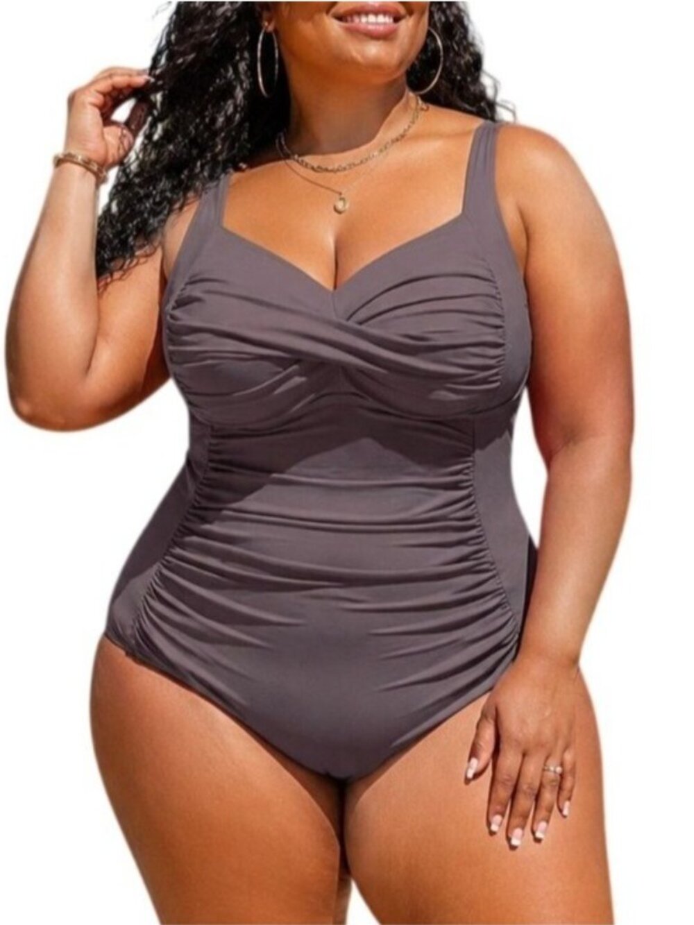 Yonique Size 14W Swimsuit One-Piece Brown Shirred Retro Style Adjustable Straps